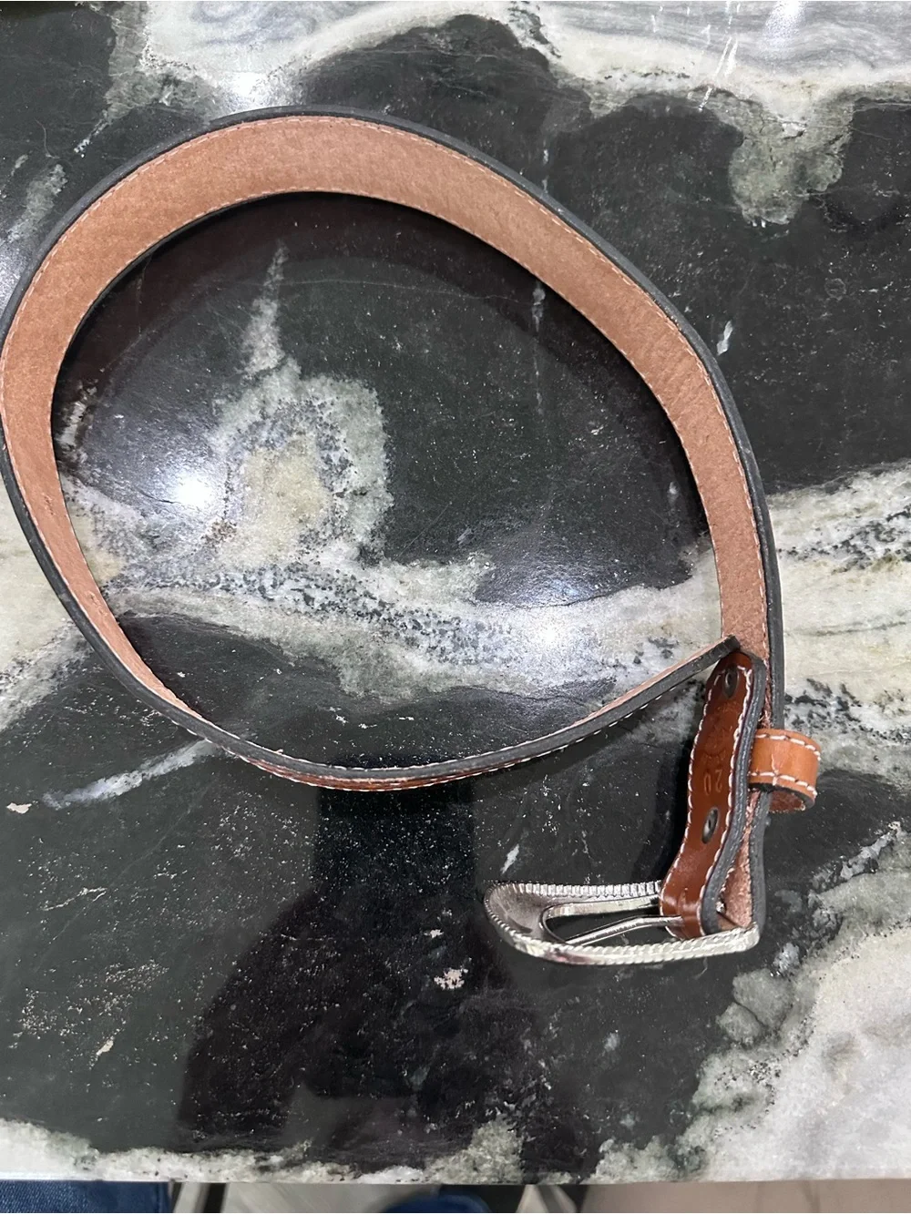 Tooled Brown Belt with Engraved Silver Buckle